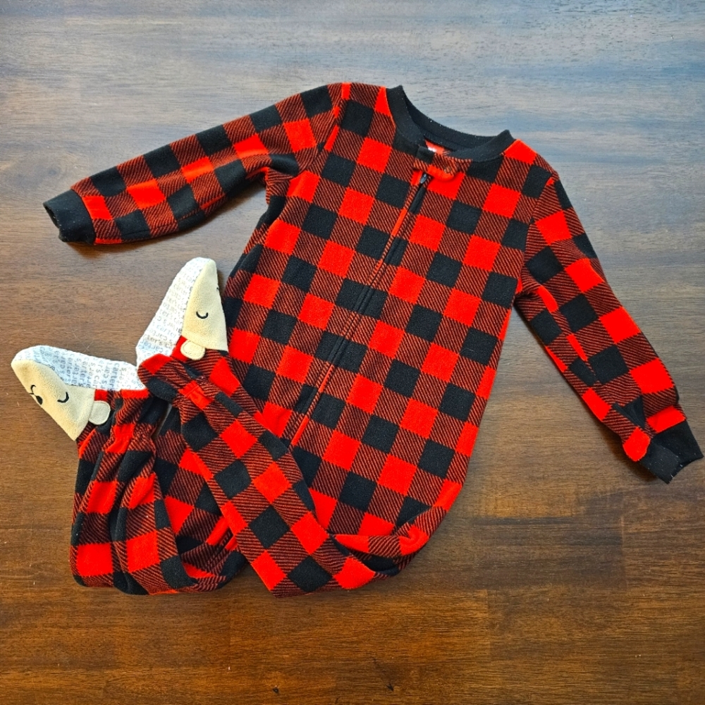 Carter's 3T Bear Footed Zipper Up Onesie Red/Black Buffalo Checkered Pajamas